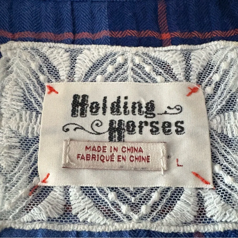 Anthropologie HOLDING HORSES Blue Plaid Long Cotton Tunic Casual Shirt! Great. L - Picture 6 of 9